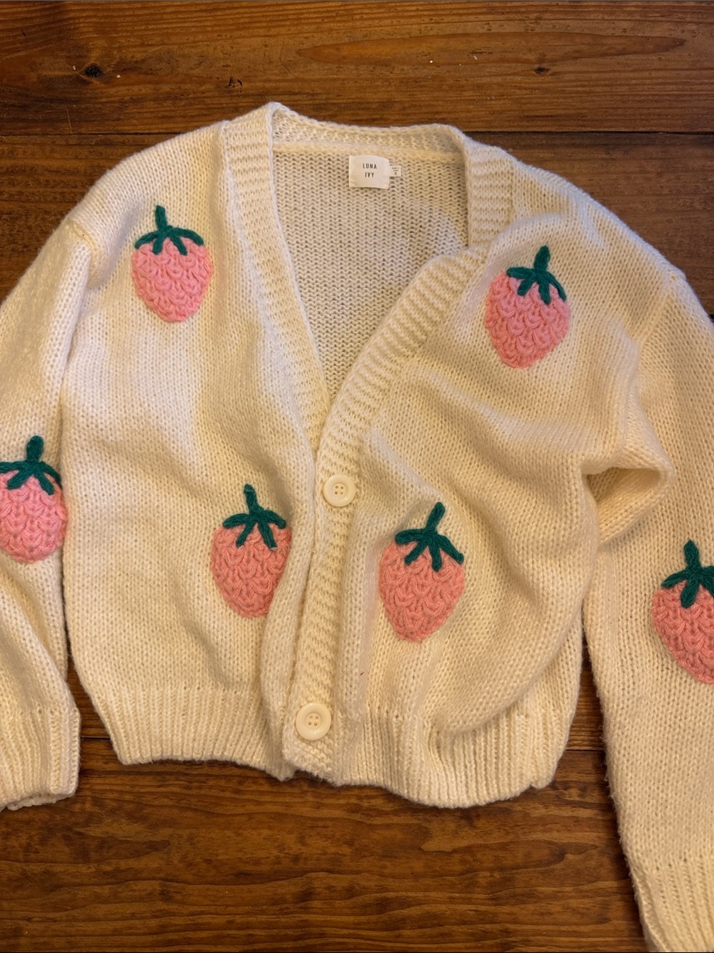 Ivory Knit Cardigan with Pink Strawberry Accents